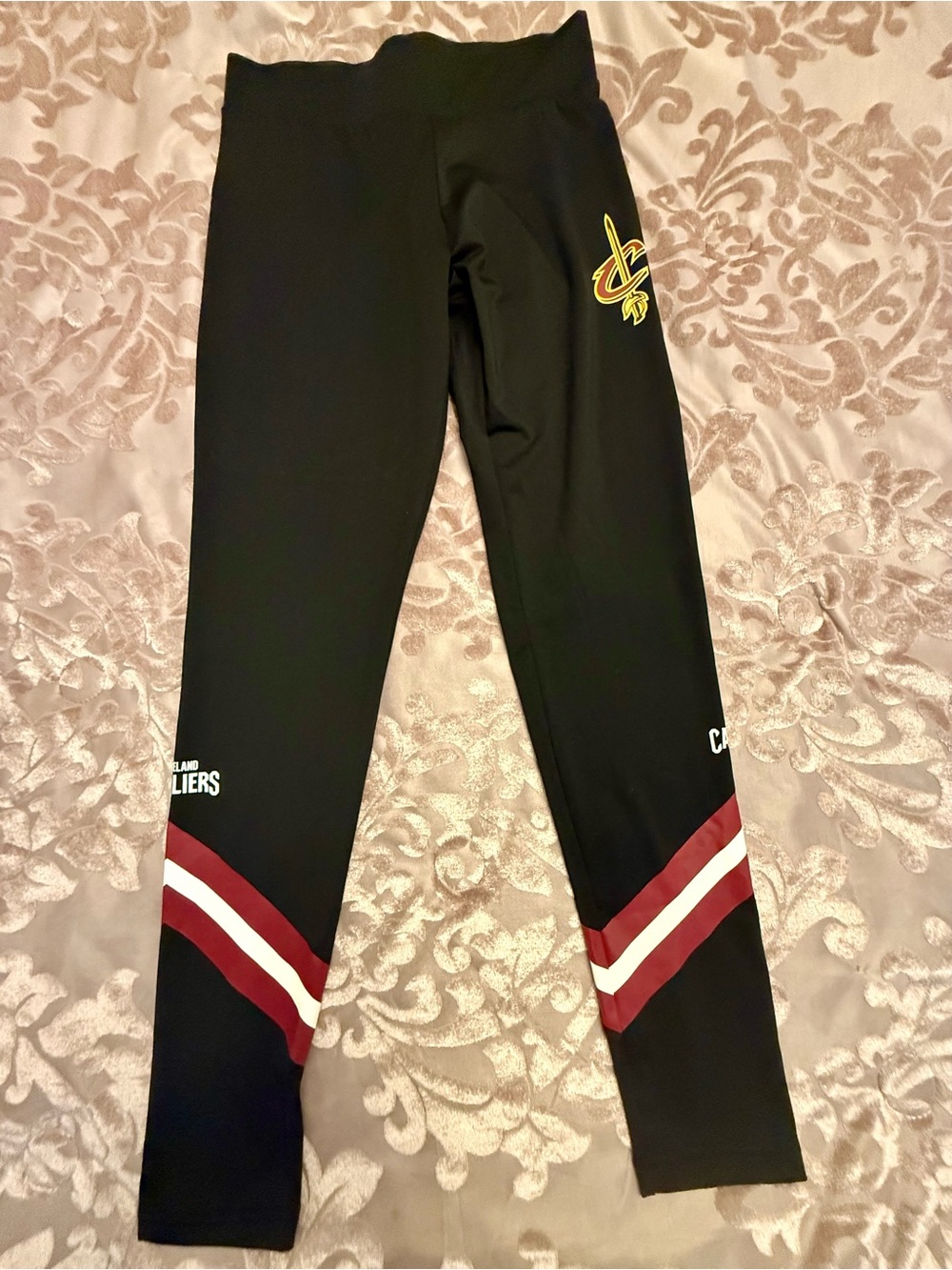 NBA Cleveland Cavaliers Black Leggings w/ Maroon & White Stripe Accents + Logo